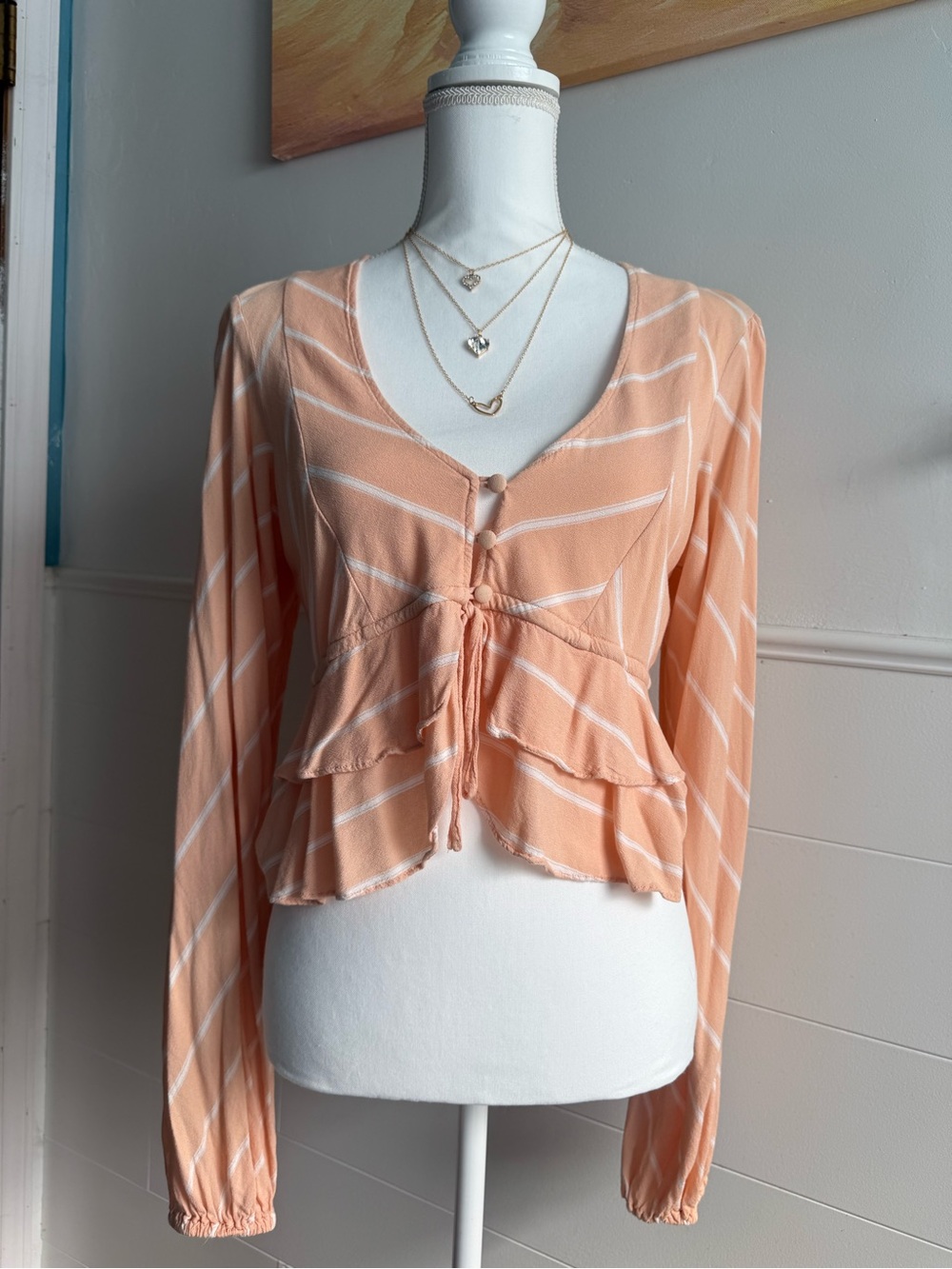 Free People Peach Chevron Crop Blouse Ruffle Hem Button Front Boho Top - Medium